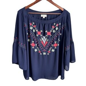 LOFT Outlet XL Navy Blue Y2K Embroidered Bell Sleeve Boho Blouse Top Cottagecore